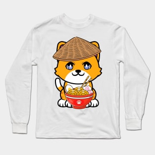 Funny orange cat is eating noodles Long Sleeve T-Shirt